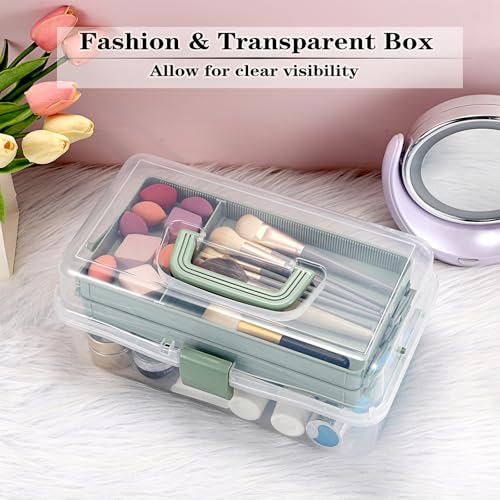 BTSKY Plastic Dividing Storage Box, Tackle Box with Adjustable Dividers | 3-Layer Portable Lightweight Storage Box with Handle, Craft Organizer for Art Supplies, Sewing, Nail, Medicine, Haze Green - color: Clear+Green