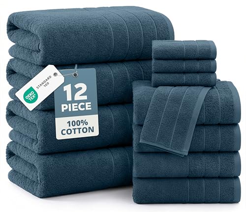 Casa Platino Bath Towel Set Absorbent Quick Dry 100% Cotton - Steel Blue | Pack Of Towels - OEKO-TEX Certified, Ring-Spun Durability, Ring-Spun Cotton, Terry Weave Comfort, Long-Lasting Comfort - color: 06: Steel Blue, size: 12 Piece Towel Set