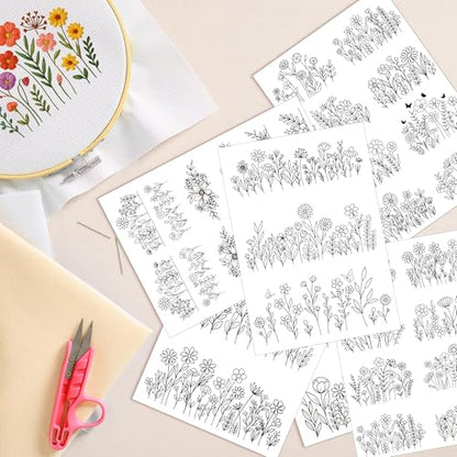Water Soluble Stabilizer Embroidery Pattern - Flower Stick & Stitch Embroidery Paper Wash Away, Floral Frame Hand Sewing Embroider Patterns for Jean Bag T-Shirt (6 Sheets)