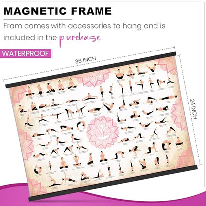 JAZZY BLANC Yoga Poses Poster with Magnetic Frame – 36 x 24-inch Premium Yoga Poster – Waterproof Yoga Poster – Yoga Accessories – Yoga Wall Art with 77 Yoga Poses and Stretches. (Pink)