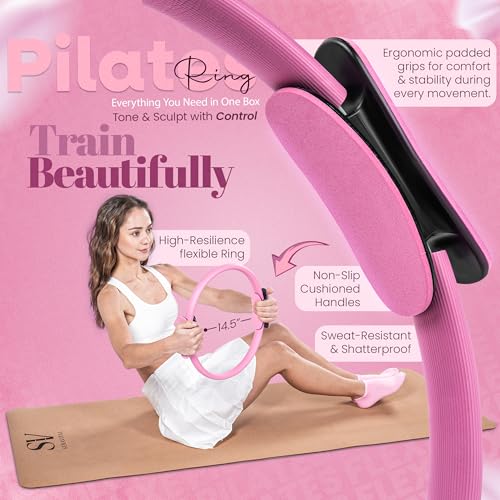 14-Piece Pink Pilates Kit for Women - Ring, Ball, Bands & Blocks | Magic circle, 9.8" ball, 5 bands, sliders, yoga blocks, ankle weights, grip socks, pump, carry bag — pilates home kit