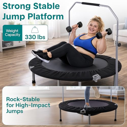 SereneLife 40" Foldable Mini Trampoline for Adults - Compact Fitness Rebounder with Adjustable Foam Handle, Exercise Trampoline with Max Load 330lbs, Indoor/Garden Whole-Body Workout - color: Deep Black