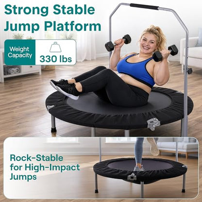 SereneLife 40" Foldable Mini Trampoline for Adults - Compact Fitness Rebounder with Adjustable Foam Handle, Exercise Trampoline with Max Load 330lbs, Indoor/Garden Whole-Body Workout - color: Deep Black