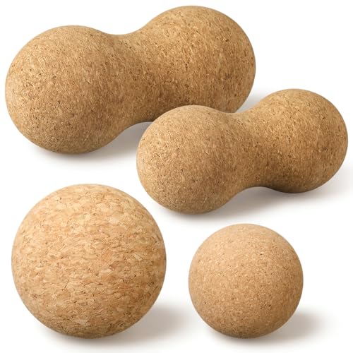 4 Pcs Cork Massage Ball Set Peanut Double Lacrosse and Spherical Massage Balls for Muscle Pain Relief Stress Travel Yoga Therapy