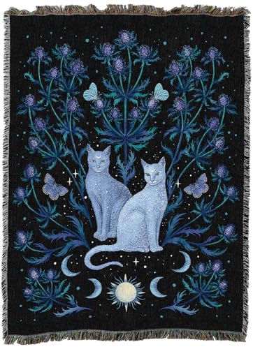 Pure Country Weavers Blue Thistle and Cat by Episodic Drawing - Gift Tapestry Throw Blanket Woven from Cotton - Made in The USA (60X80) - color: Blue Thistle and Cat, size: 60x80