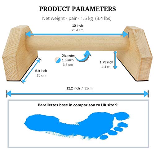 CALI SPORTS Calisthenics Wood Parallettes Bars | Push Up Bar That Will Not Slip or Wobble | Wrist Wraps Included