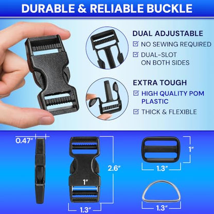 TECEUM 1" Nylon Strap Kit with Buckles, Red 6 yards Repair Set | Heavy duty hardware kit: 6yd webbing, 6 quick release buckles, 12 tri-glide slide clips, 6 metal D-rings for crafting. - color: Red, size: 1" - 6 yards, style: 6 Buckle - 12 Slides - 6 D-rin