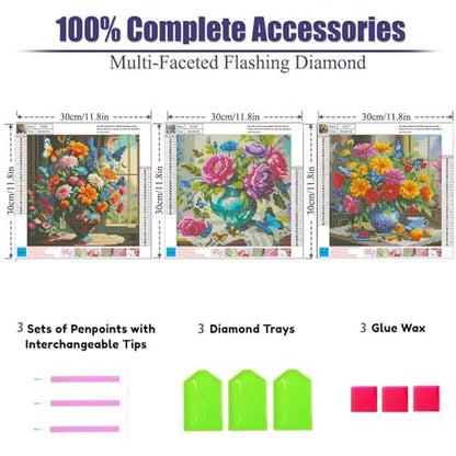 OFRKE Diamond Painting Kits for Adults,3 Pack Flower Vase Diamond Art for Beginners, Diamond Round 5D Full Drill Paint with Diamonds Pictures Gem Art Painting Kits DIY Crafts Kits 12x12inch - color: 3pcs-Flower Vase
