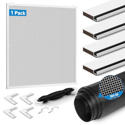 1 Pack White Window Screen Frame Kit with Aluminum Frames Up to 46" X 46" | 46"X99" Heavy Duty Sturdy 304 SS Mesh for Windows Screen Replacement, Includes All Tools & Hardware for Home, Patio, Porch - color: 304 SS Mesh White, size: 46 in X 46 in (1 Pack)