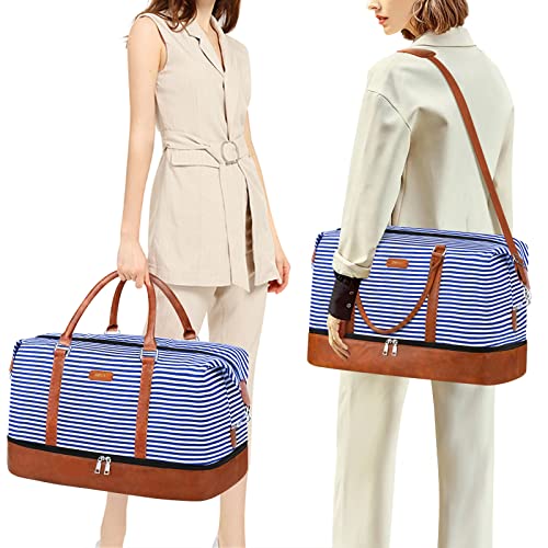 IBFUN Weekender Bags for Women, 21" Travel Duffle Bag with Shoe Compartment - color: A3-Blue Strip