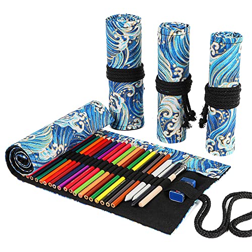 DIYOMR 24/36/72 Slots Pencil Wrap Pencil Rolls, Artist Colored Pencils Roll Up Bag Short Brushes Pouch Case Pencils Organizer for Drawing Coloring and Sketching,No Pencils (Blue Ocean, 36slots) - color: Blue Ocean, size: 36slots