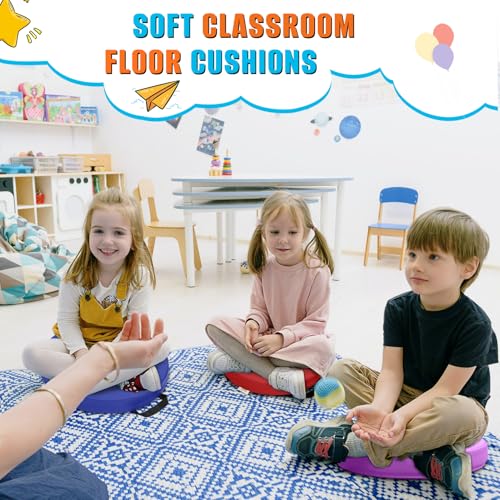 8 PCS 16 Inch Round Floor Pillows with Handles | Waterproof Synthetic Leather Flexible Seating Cushions | 16''x16''x2'' Thick Floor Cushions for Classroom, Home, Yoga & Meditation - color: Red, Yellow, Beige, Light Gray, Purple, Blue, Dark Brown, Black, s