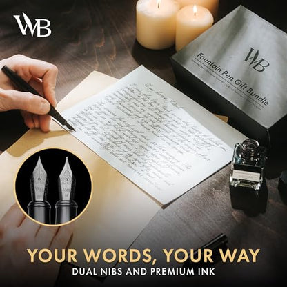 Wordsworth & Black Fountain Pen Gift Set, Medium & Extra Fine Nib,All Black | For Men & Women, Brass Body, 18K German Iridium, Ink Bottle + 6 Cartridges, Converter, Writing & Calligraphy, Journaling - color: All Black