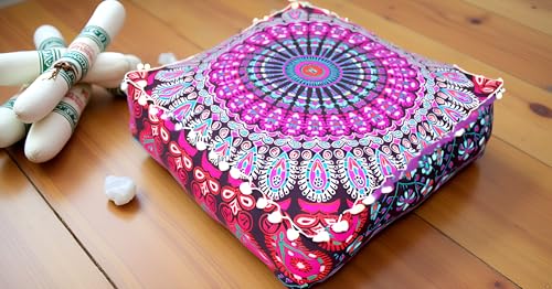 CK 40.6x40.6x12.7cm(16x16x5인치) 정사각형 바닥 쿠션 커버, 핑크 공작 만다라 푸프 커버, 면 오토만 베개 커버, 거실, 침실 및 요가용 보헤미안 장식 명상 바닥 베개 커버(커버만 해당) - color: 핑크, size: 16"D x 16"W x 5"H
