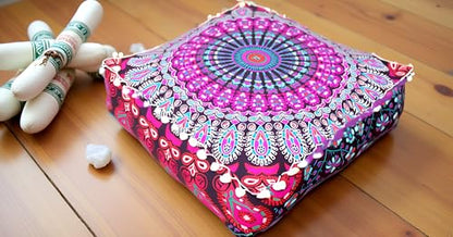 CK 40.6x40.6x12.7cm(16x16x5인치) 정사각형 바닥 쿠션 커버, 핑크 공작 만다라 푸프 커버, 면 오토만 베개 커버, 거실, 침실 및 요가용 보헤미안 장식 명상 바닥 베개 커버(커버만 해당) - color: 핑크, size: 16"D x 16"W x 5"H
