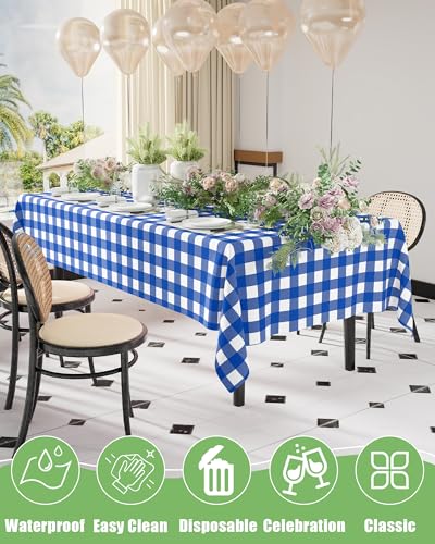 Smiry 8 Packs Gingham Disposable Table Cloth, 54 x 108 Inch Waterproof Plastic Tablecloth, Rectangle Blue and White Checkered Table Covers for Picnic, Birthday, Party - color: Blue and White, size: 54"x108" (Pack of 8)