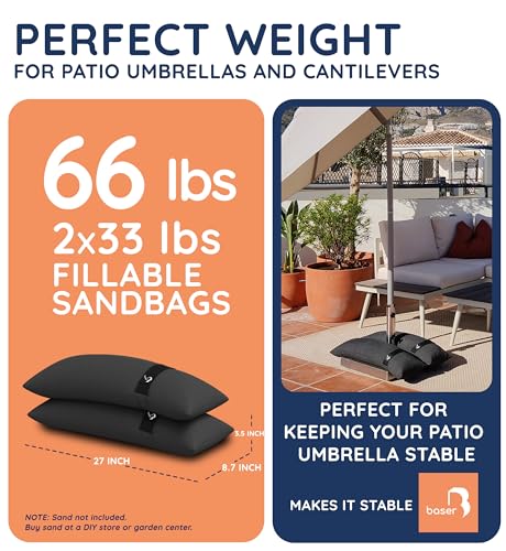 Baser Original Sandbags Fillable Weight Bags for Patio Umbrella Bases, Weather Resistant Recycled Polyester for Outdoor Furniture Windproof Stability - size: 2 x 33 lbs