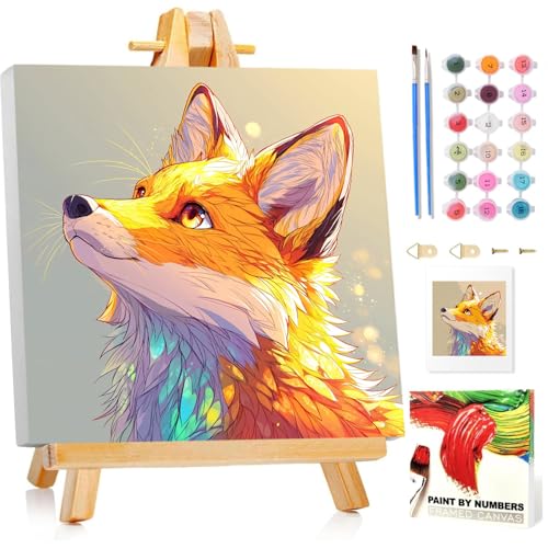 Fox Paint by Numbers Kit for Kids, 8x8 inch | DIY Paint by Numbers for Kids, Ages 4-8-12, with Frame, Wooden Easel, Gifts Box, Fun and Relaxing,Home Wall Decor - color: Fox01