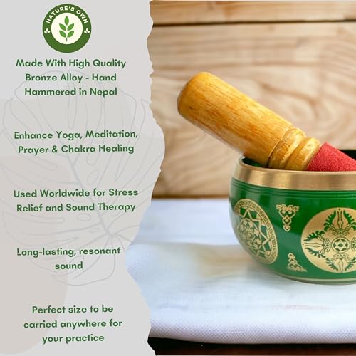 Nature's Own Tibetan Singing Bowl Set- Easy to Play- Meditation Sound Bowl Handcrafted in Nepal for Yoga, Mindfulness, Chakra Healing, Stress Relief - Spiritual Gifts (3.5 Inch, Green) - color: Geen