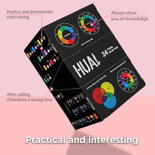 HUAL Acrylic Paint Set With 5 Brushes, 24 Colors (60ml, 2oz) for Artists Kids Beginners & Painters,Model/Canvas/Rock/Fabric/Glass/Stone/Ceramic/Wood Painting, Non Toxic - color: White Bottle