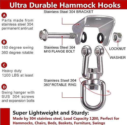 Hammock Hanging Kit - 1200 LB Capacity Heavy Duty 360° Rotating | ,Outdoor Patio Porch Swing Hardware Punching Bag Swivel Hanger,Ceiling Hook for Concrete Wood Swing, Yoga, Gym