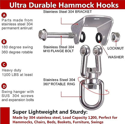 Hammock Hanging Kit - 1200 LB Capacity Heavy Duty 360° Rotating | ,Outdoor Patio Porch Swing Hardware Punching Bag Swivel Hanger,Ceiling Hook for Concrete Wood Swing, Yoga, Gym