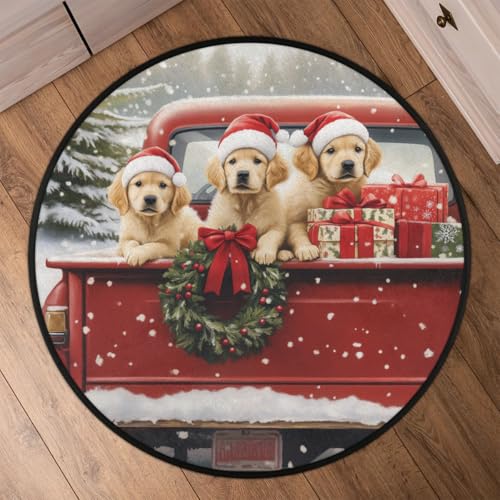 Christmas Red Truck Dog Round Area Rug 3Ft Circle Rugs Carpet Floor Mat - color: Dog, size: 3 ft