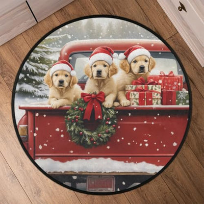 Christmas Red Truck Dog Round Area Rug 3Ft Circle Rugs Carpet Floor Mat - color: Dog, size: 3 ft