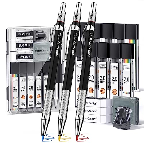 Four Candies 19 Pack 2mm Mechanical Pencil Set with Case, 120 Lead Refills | HB 2H 2B 4B Color graphite, with eraser, sharpener, leather case, for school writing, sketching, art drawing & drafting - size: 19 Piece Set