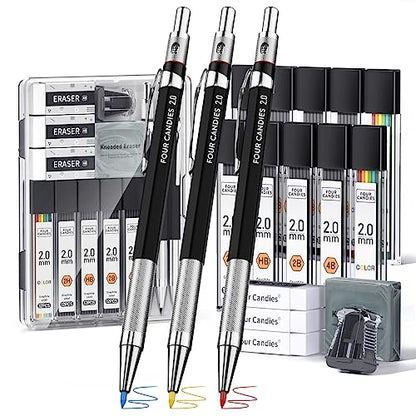 Four Candies 19 Pack 2mm Mechanical Pencil Set with Case, 120 Lead Refills | HB 2H 2B 4B Color graphite, with eraser, sharpener, leather case, for school writing, sketching, art drawing & drafting - size: 19 Piece Set