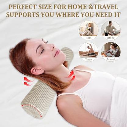 NANSHIE Neck Pillow for Sleeping, Cervical Neck Pillow Cylinder Bolster Pillow, Round Foam PillowCore Plush Washable Cover, Multi-Functional Support Pillow for Home Office Travel Yoga (Khaki)