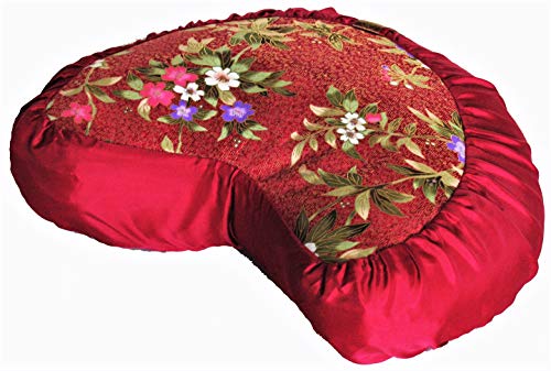 Meditation Cushion Crescent Zafu Pillow Japanese Kimono Silk Red Floral - color: Red Floral