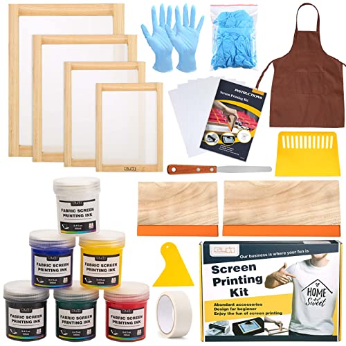 Caydo 38 Pieces Screen Printing Kit Include Fabric Screen Printing Ink, 4 Size Screen Printing Frame, Screen Printing Squeegees, Inkjet Transparency Film, Ink Knife, and Mask Tape - style: 38pcs