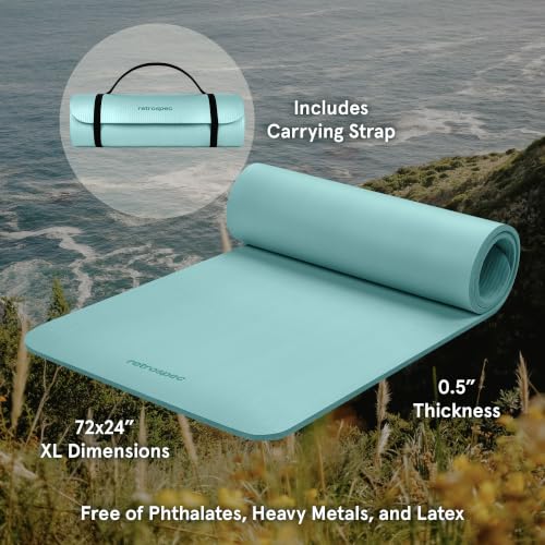 Retrospec Solana Yoga Mat Thick 1/2in Non-Slip Workout Mat with Nylon Strap - 72x24in Exercise Mat for Pilates, Stretching & Fitness - BPA Free, Easy Clean - color: Blue Ridge