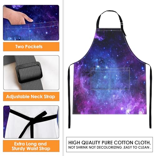 Apron with Pockets, 32x28 inch, for Women Men, Purple Starry Sky | Space Planet Universe Waterproof Adjustable Bib Aprons for Kitchen Cooking Baking Painting Gardening - color: Galaxy