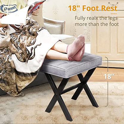 LUE BONA Vanity Stool - Square Linen Makeup Seat With Metal X Legs, Small Ottoman Chair for Makeup Room, Living Room, Bathroom - Modern Padded Foot Rest, Dark Gray - color: Dark Gray