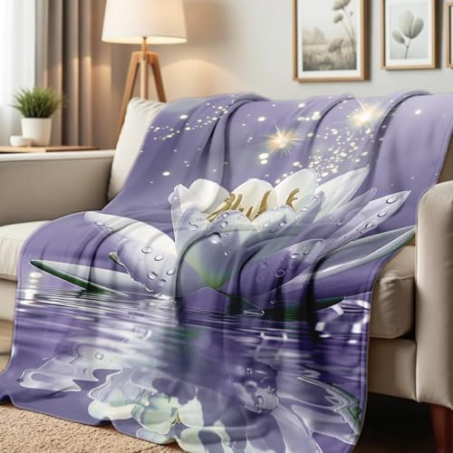 Lotus Flower on Water Print Blanket White Floral Throw Blanket Zen Flannel Throw for Couch Bed Office Yoga Room Meditation Spa Decor Gifts (49"x59") - color: Purple, size: 49"x59"