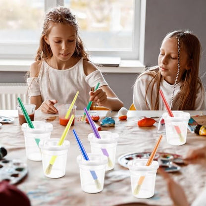 No Spill Paint Cups with Lids for Kids, 12 Paint Cups, 12 PaintBrushes | Reusable Paint Cups with Lids, No-Spill Proof, Airtight Dual-Seal, for Toddlers and Kids, Great for Classrooms, Schools, Arts