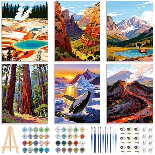 EggSun 6 Pack Framed Paint by Numbers Kit for Adults,Beginners with Wooden Easel,DIY Acrylic Oil Painting Paint by Numbers Kits on Canvas for Home Decor(National Park Landscape,8x12Inch) - style: National Park