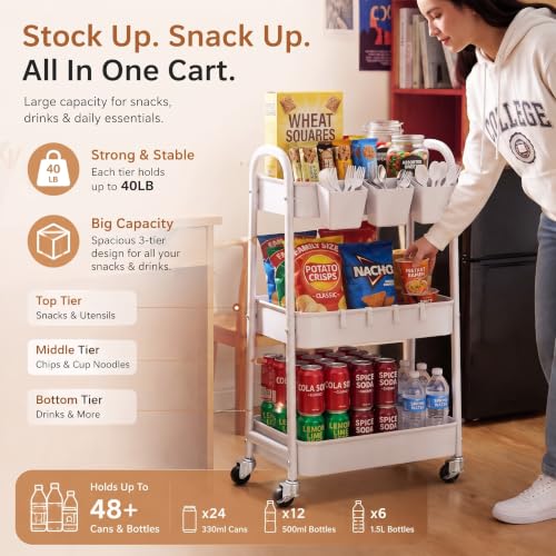 Heavy Duty 3 Tier Rolling Cart Metal with Wheels, White Three Tiered Shelf | Utility Roller Storage Carts Organizer on Wheels for Art, Craft,Baby Nursery, Diaper Caddy,Postpartum,Bedside,Cleaning Supply - color: Pure White
