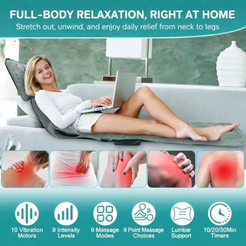 Full Body Massage Mat with Heat, Shiatsu Neck Massager, Body Massager Pad Cushion for Bed & Recliner, Back Massage with Vibration Therapy for Total Body Relaxation