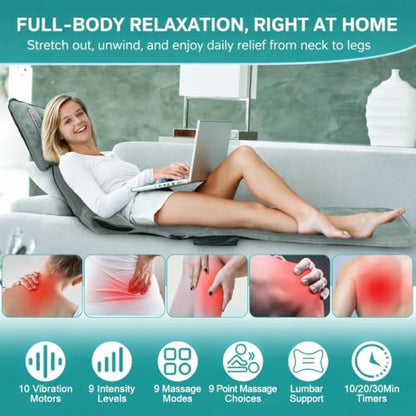 Full Body Massage Mat with Heat, Shiatsu Neck Massager, Body Massager Pad Cushion for Bed & Recliner, Back Massage with Vibration Therapy for Total Body Relaxation