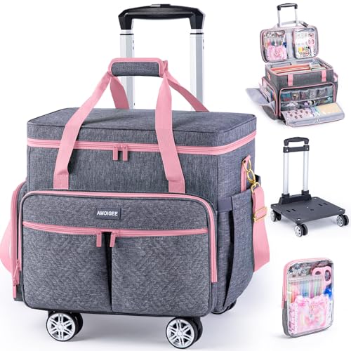 AMOIGEE Rolling Tote Bag with Wheels and Handle, Sewing Machine Case, Craft Organizer Tote for Scrapbooking Storage, Teacher Rolling Bag, Craft Supply Storage, Art Bag, Rolling Cart for Teachers - color: Pink, size: With Wheels