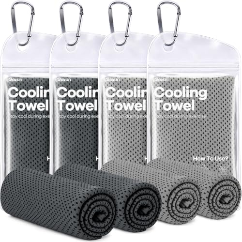 ROXUN Cooling Towels, 4 Pack (40''x12'') Chilly Ice Rags for Neck and Face | 2 Gray+2 Dark Gray, Soft Breathable, Sports and Outdoor Workouts, Comes with Storage Bags & Carabiners - color: 2 Gray+2 Dark Gray