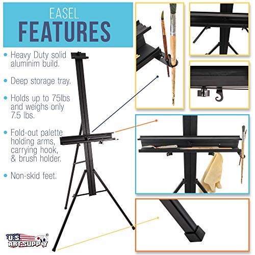U.S. Art Supply 69" High Aluminum Single Mast Artists Studio Easel Stand for Sign and Floor Display - Heavy Duty Adjustable Extra Large Canvas Height Up to 47" - Palette Holder, Brush Rest, Painting