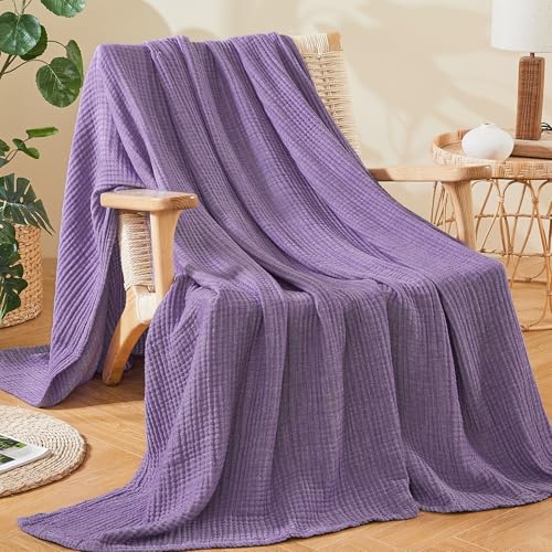 EMME Cotton Muslin Large Throw Blanket Couch Breathable Gauze Soft Lightweight Bed Blankets Adults (Heather Purple, 50"x70") | 4-Ply Two-Tone Yarn - Soft Throw Blanket for Adults, Breathable and Prewashed, for Sofa and Bed All Year Round - color: 14 - Pur