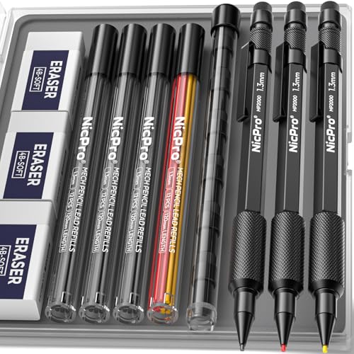 Nicpro 3 PCS 1.3 mm Mechanical Pencils Set with 48 Lead Refill, 3 Eraser | MP2000 Black Weatherproof Metal Barrel, Heavy Duty Carpenter Pencil for Outdoor Construction Marking Drafting and Drawing - style: 3 Pack (Black)