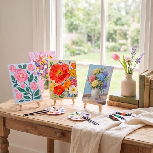 Ctosree 72 Pcs Artistic Flowers Paint and Sip Kit for Adults 8'' x 10'' Pre Drawn Canvas for Painting DIY Pre Printed Canvas for Party Favor Acrylic Painting Kit Wood Easel Brushes Date Night Bulk - style: Artistic Flowers