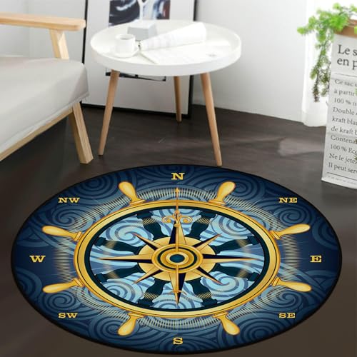 keepcute 4ft Compass Rug Round, Non-Slip Blue Nautical Carpet | Soft nautical round rug, heat-transfer print, durable nautical rugs for study or living room, washable mat - color: Gold Compass Rose, size: 4' (Round)