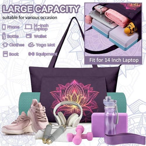 Yoga Bag for Women, Large Canvas Yoga Mat Tote Bag with Yoga Mat Carrier | Large Mat Pocket Fitness Tote for Pilates, Gym, Travel, Office & Beach - color: Purple Flower